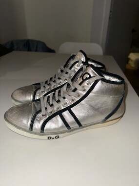 D&G Dolce & Gabbana Vintage Silver Metallic Leather Butterfly High Top Sneakers